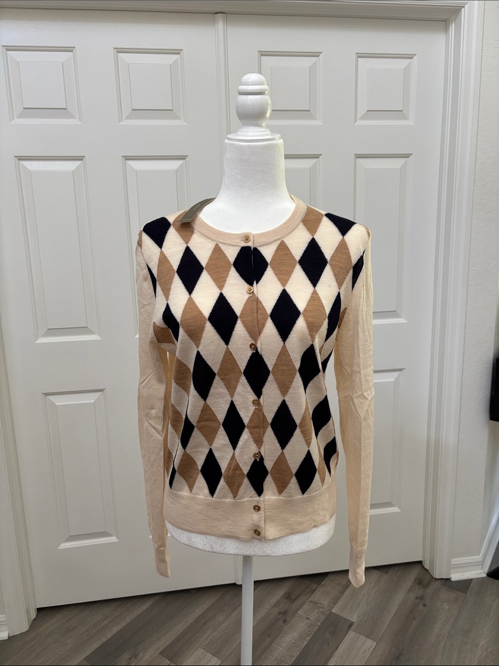J Crew Argyle Button-Front Cardigan in Tan, Black & Cream with Gold Buttons